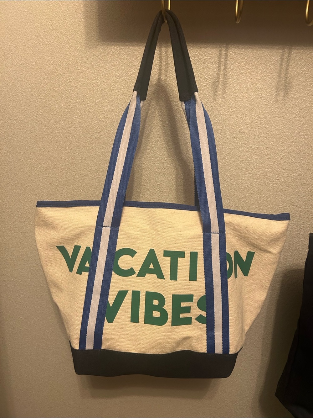 Old Navy Canvas Tote - Cream Body with Blue Trim and Striped Straps